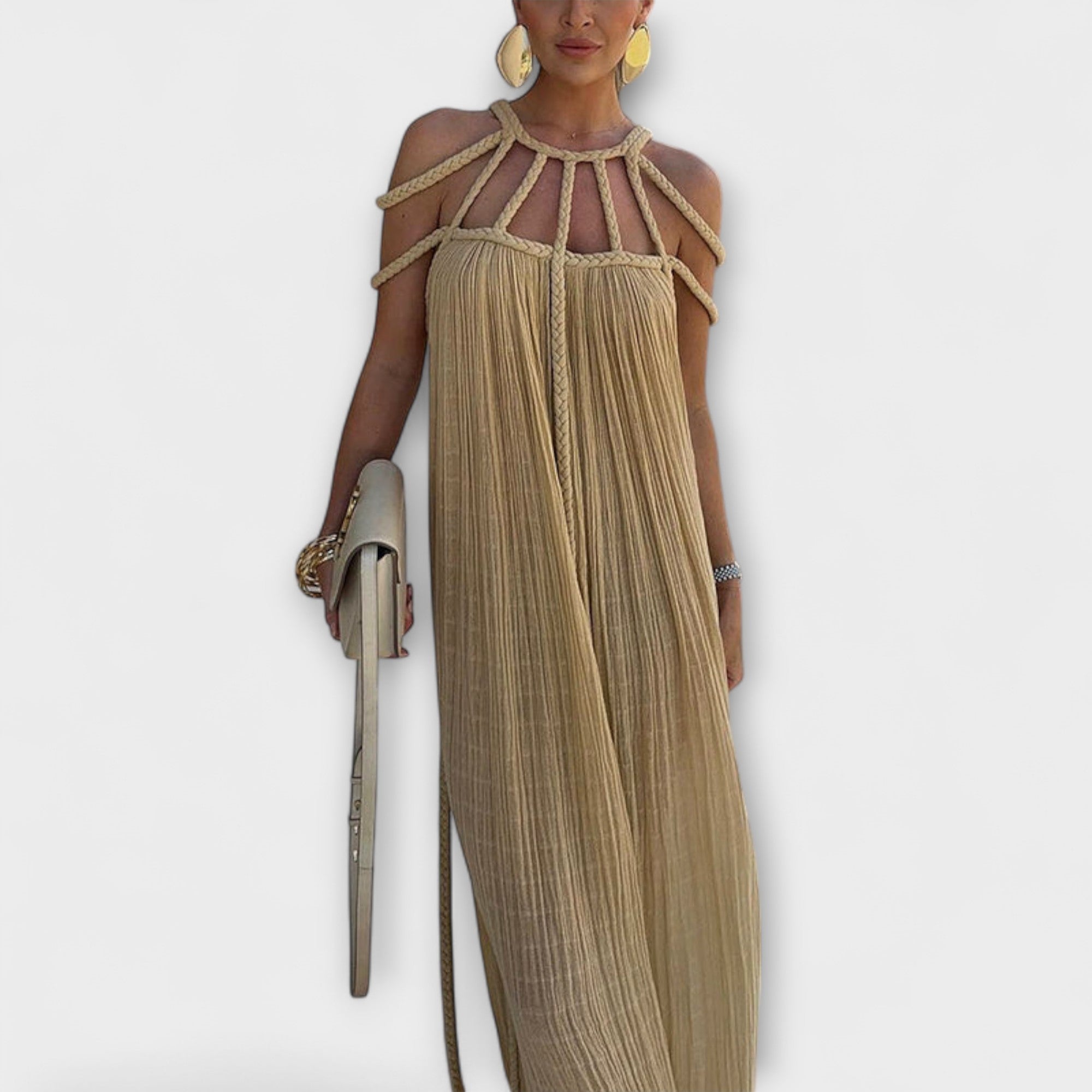 Bodil - Beige lang kjole med draperte fletter
