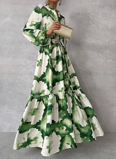 Gerd - Grønn-hvit elegant langkjole
