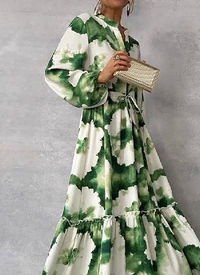 Gerd - Grønn-hvit elegant langkjole