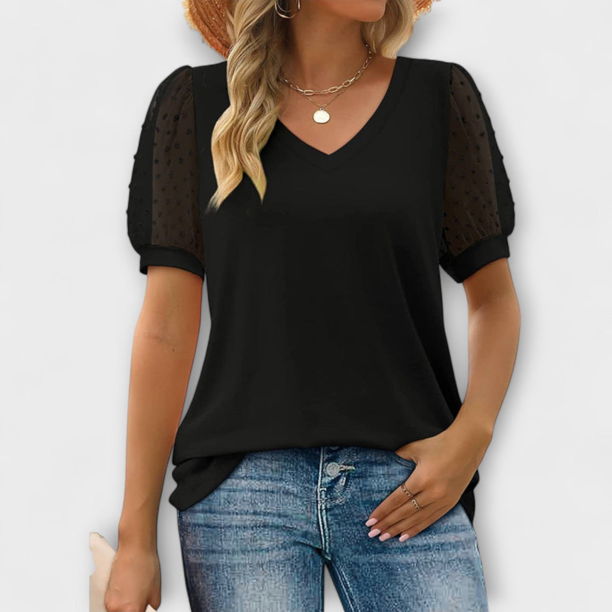 Tone - Hvit V-hals topp med transparente ermer