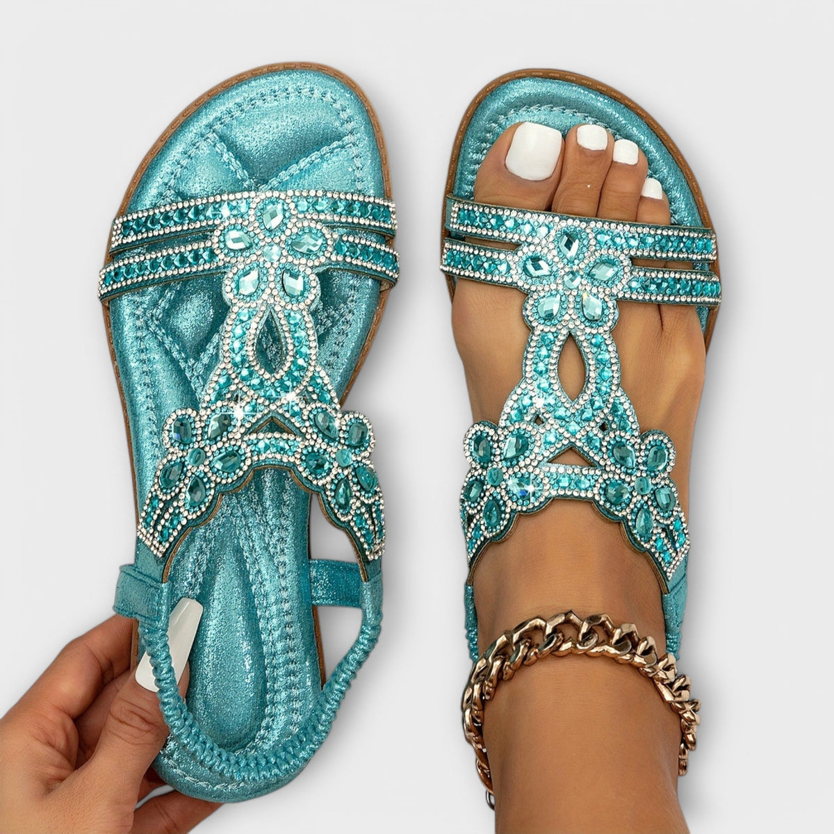Berit - Turkise bohemsandaler med strass