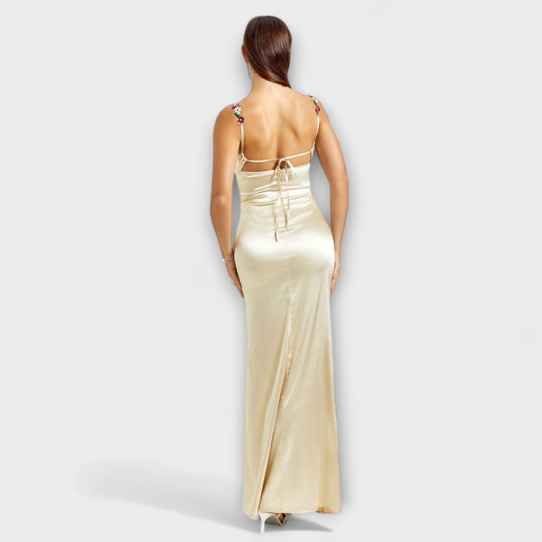 Jenny - Cream-coloured satin dress with lacing at the back