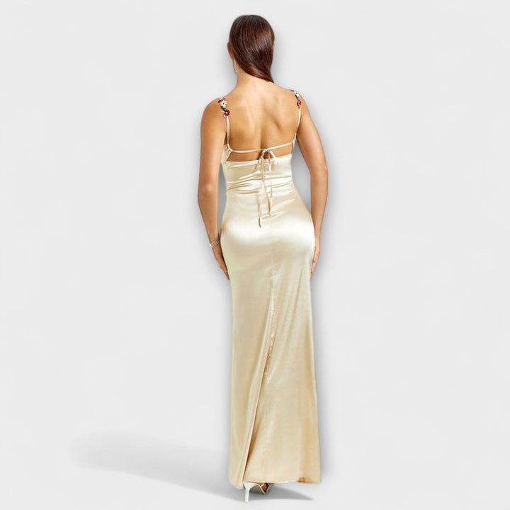 Jenny - Cream-coloured satin dress with lacing at the back