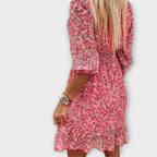 Nikoline - Rosa Puffermiddeldress med Blomstermønster