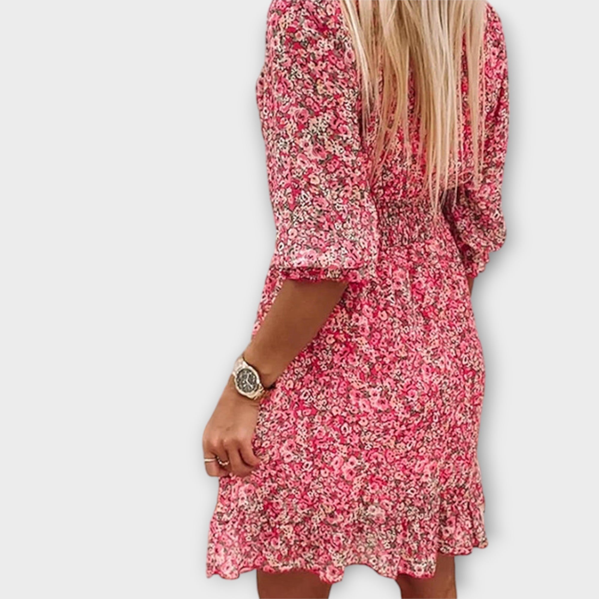 Nikoline - Rosa Puffermiddeldress med Blomstermønster