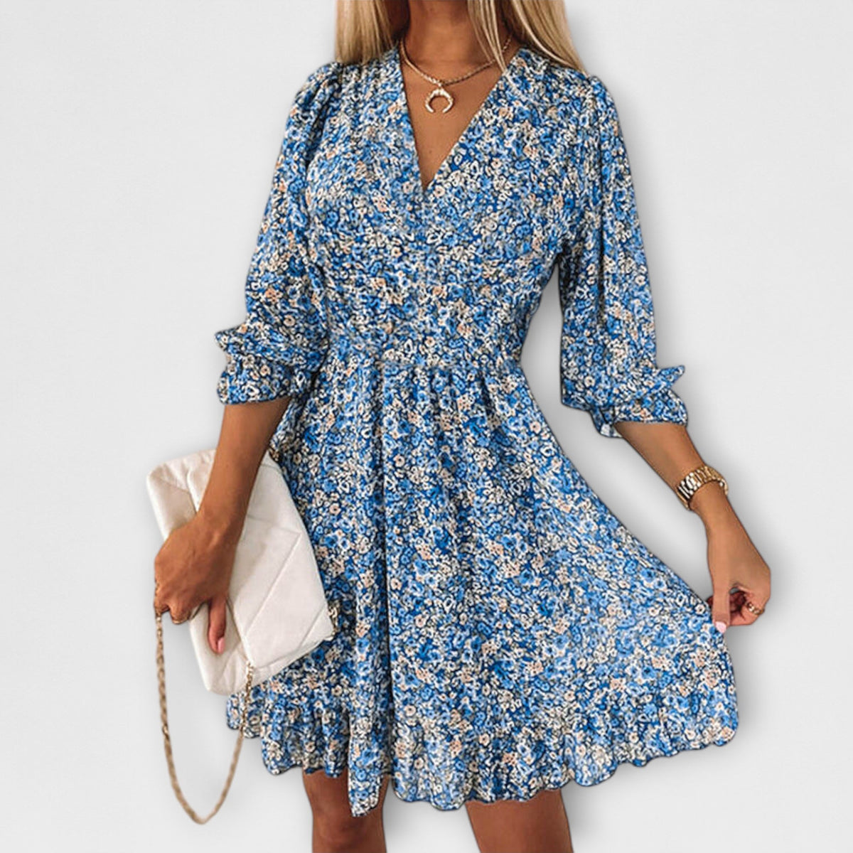 Nikoline - Rosa Puffermiddeldress med Blomstermønster
