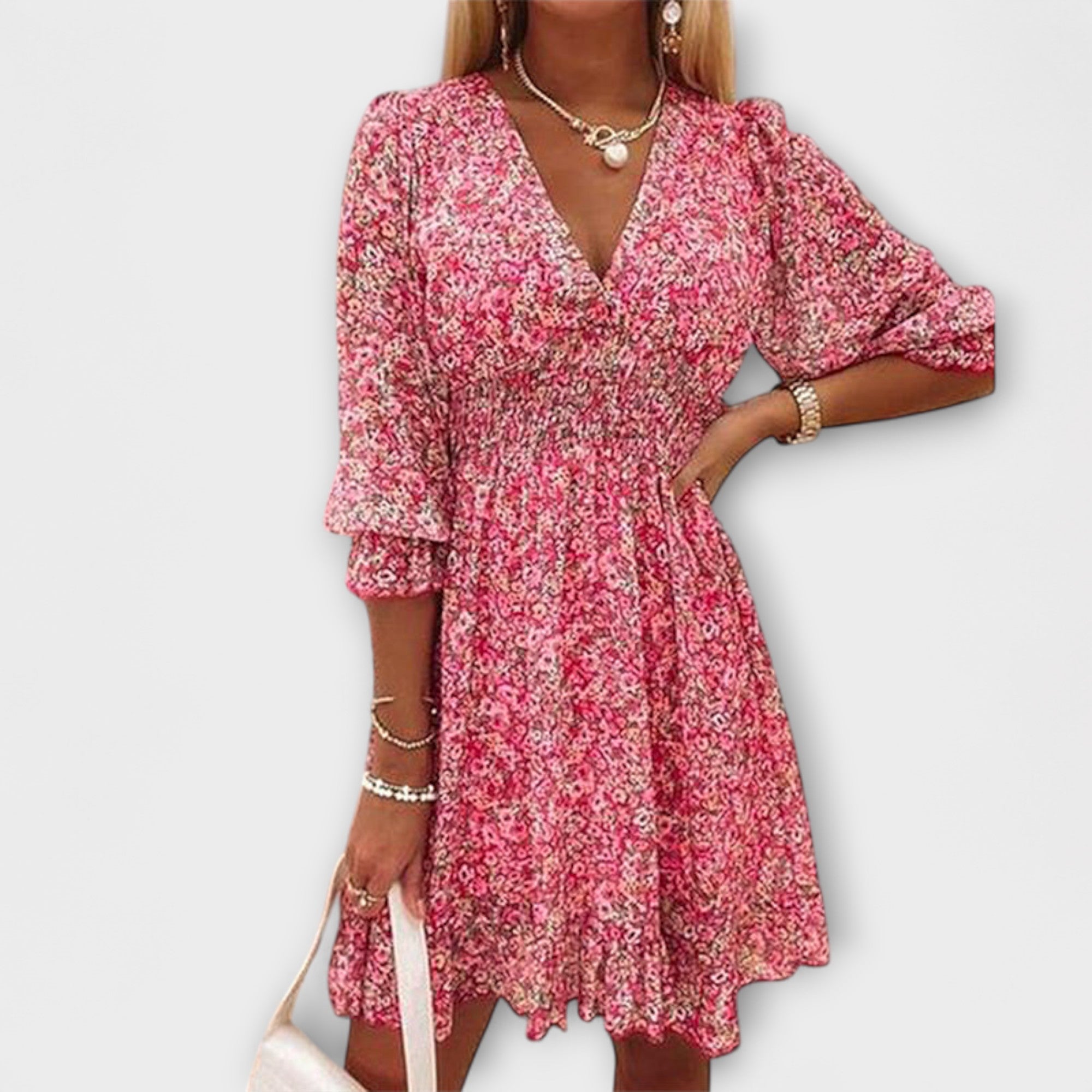 Nikoline - Rosa Puffermiddeldress med Blomstermønster