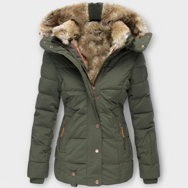 Aud - Svart elegant damejakke med pelshette
