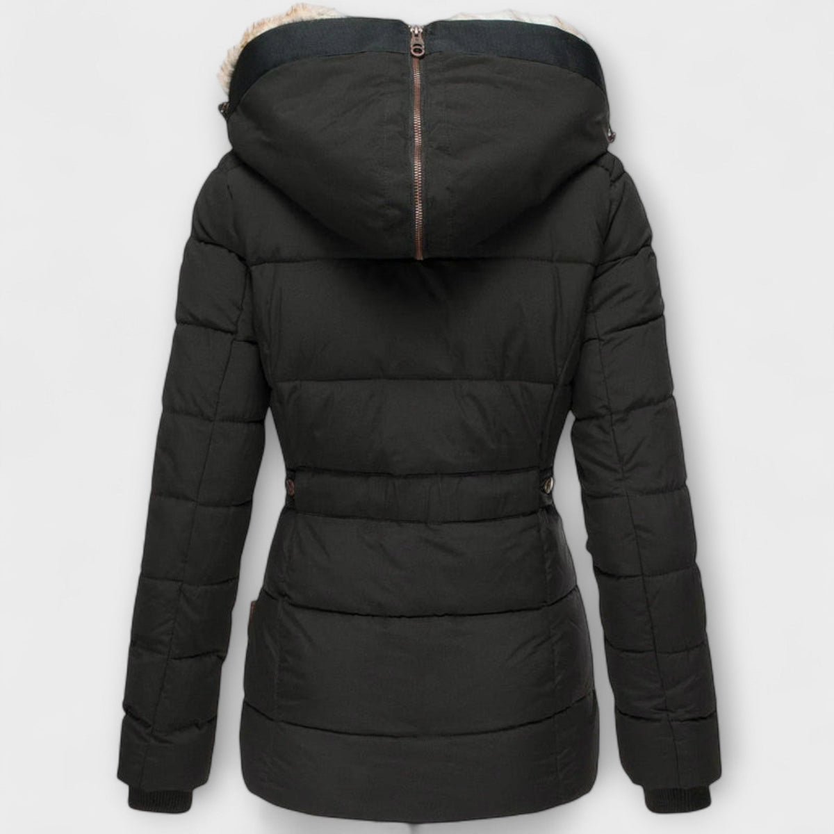 Aud - Svart elegant damejakke med pelshette