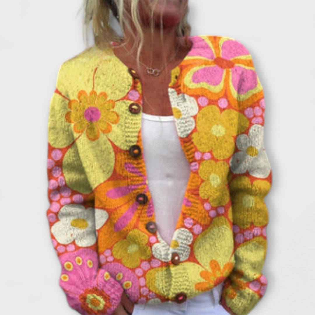 Live - Gul cardigan med fargerikt blomstermønster