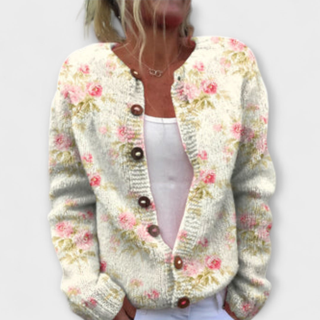 Karin - Kremfarget Cardigan med Blomstermønster