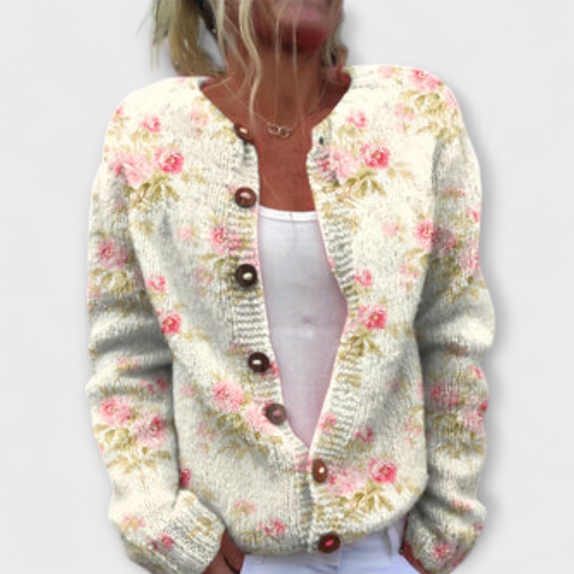 Karin - Kremfarget Cardigan med Blomstermønster