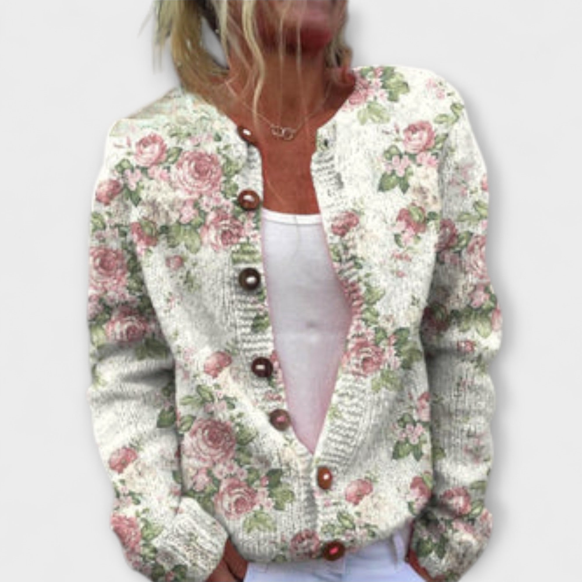 Solfrid - Kremfarget Cardigan med Blomstermønster