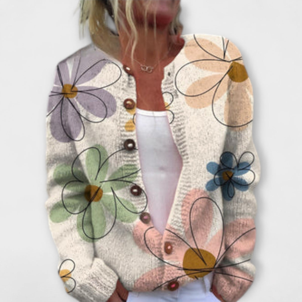 Tone - Hvit Cardigan med Blomstermønster