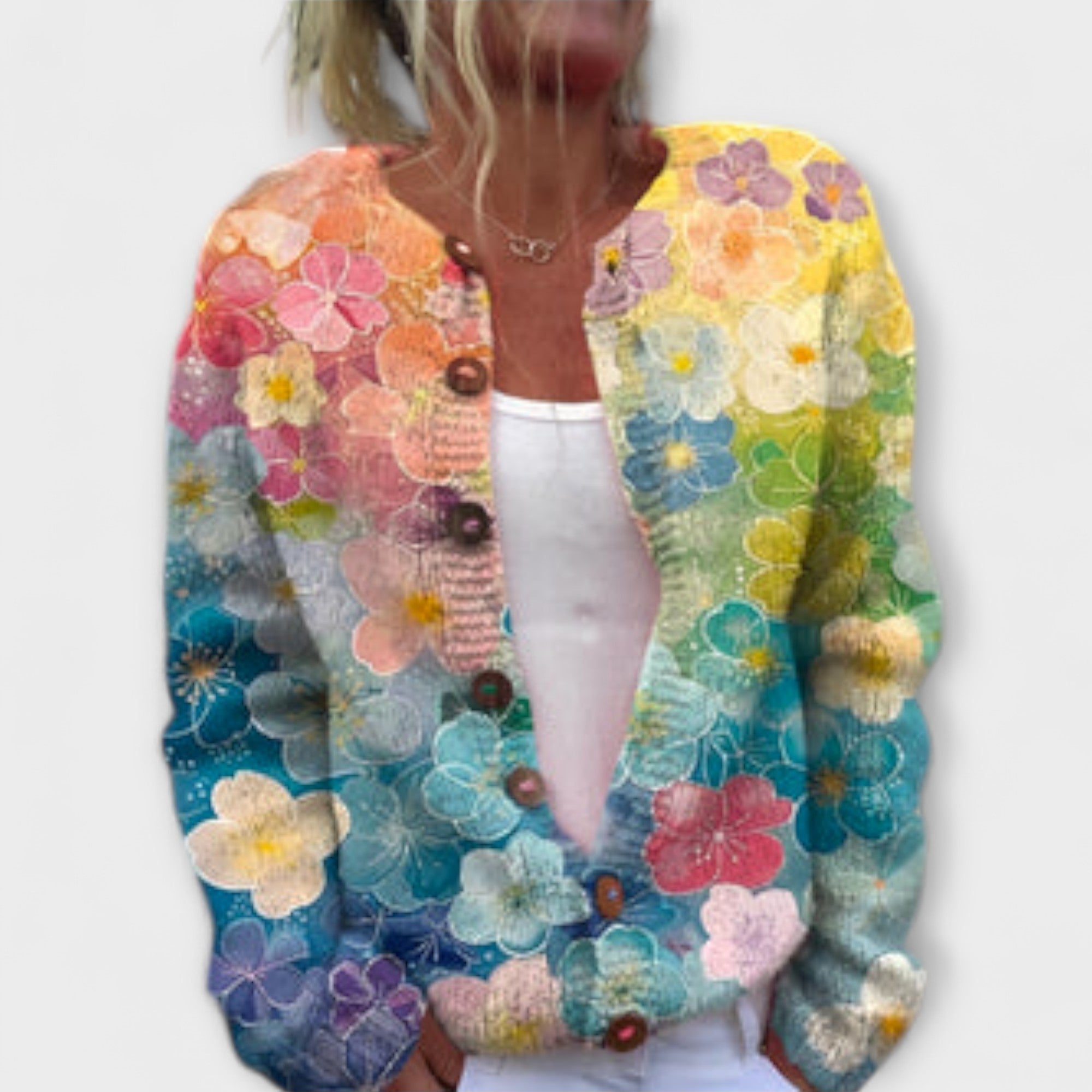 Agnes - Fargerik strikk cardigan med blomstertrykk