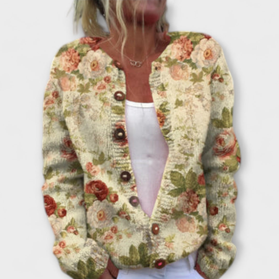 Tuva - Kremfarget cardigan med blomstermønster