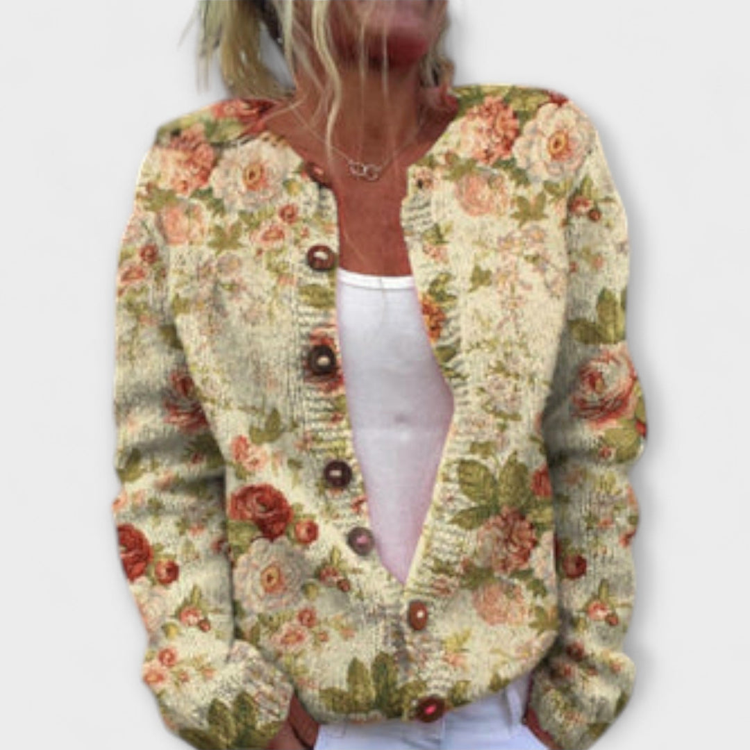 Nora - Beige strikket cardigan med blomstermønster