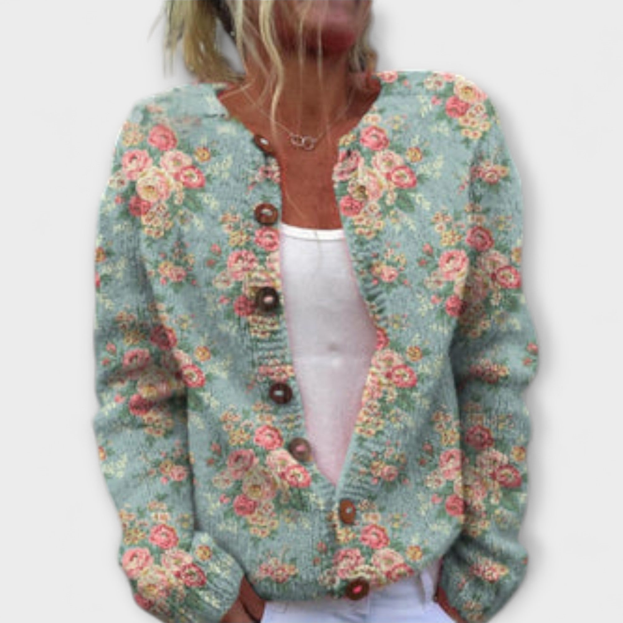 Sofie - Mintgrønn cardigan med blomstermønster