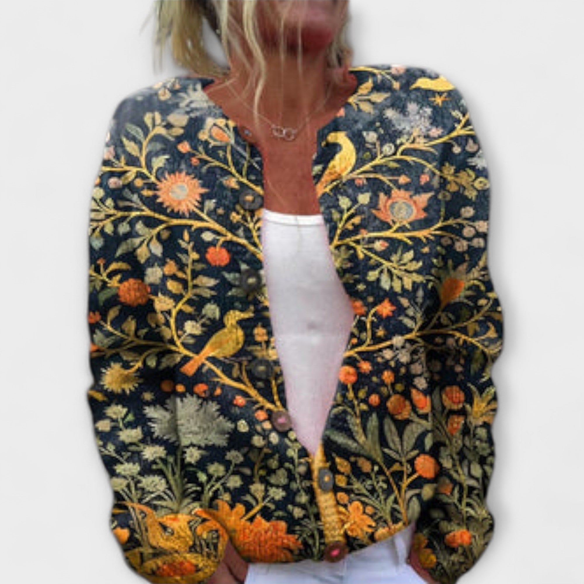 Frida - Mørkeblå cardigan med blomstermønster og fuglemotiv