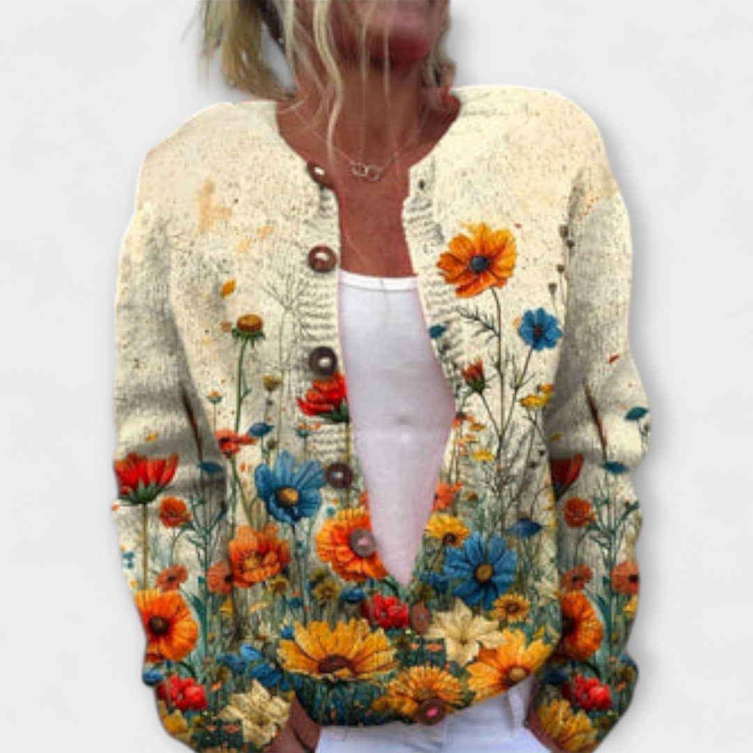 Julie - Kremfarget strikket cardigan med markblomster