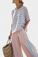 Astrid - Rosa sett i bambus-lin med striper