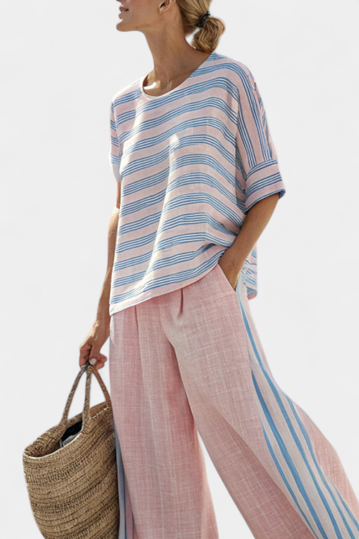Astrid - Rosa sett i bambus-lin med striper