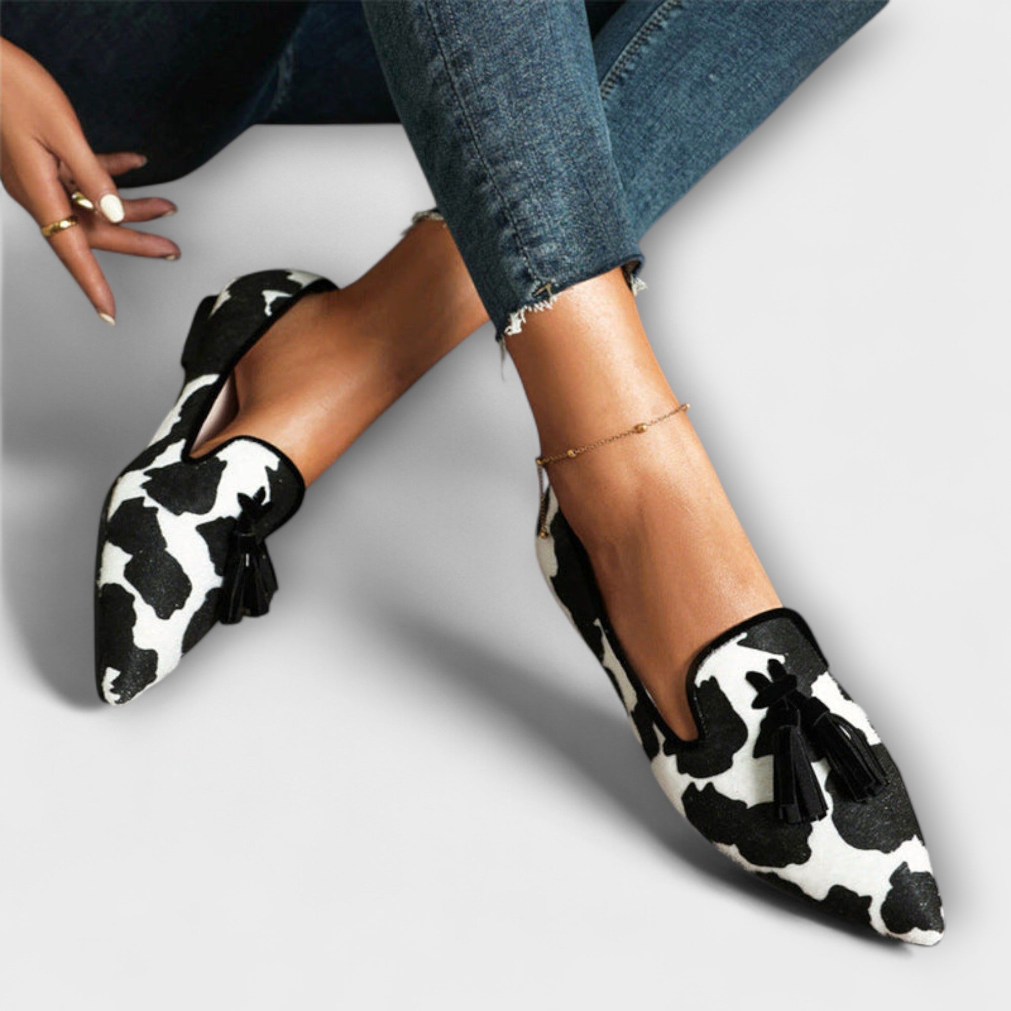 Helene - Leopard-tøfler med frynser