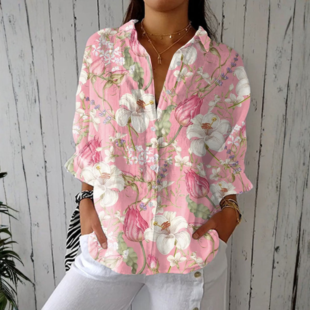 Solveig - Hvit elegant bluse med rosa blomstermønster