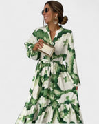 Gerd - Grønn-hvit elegant langkjole