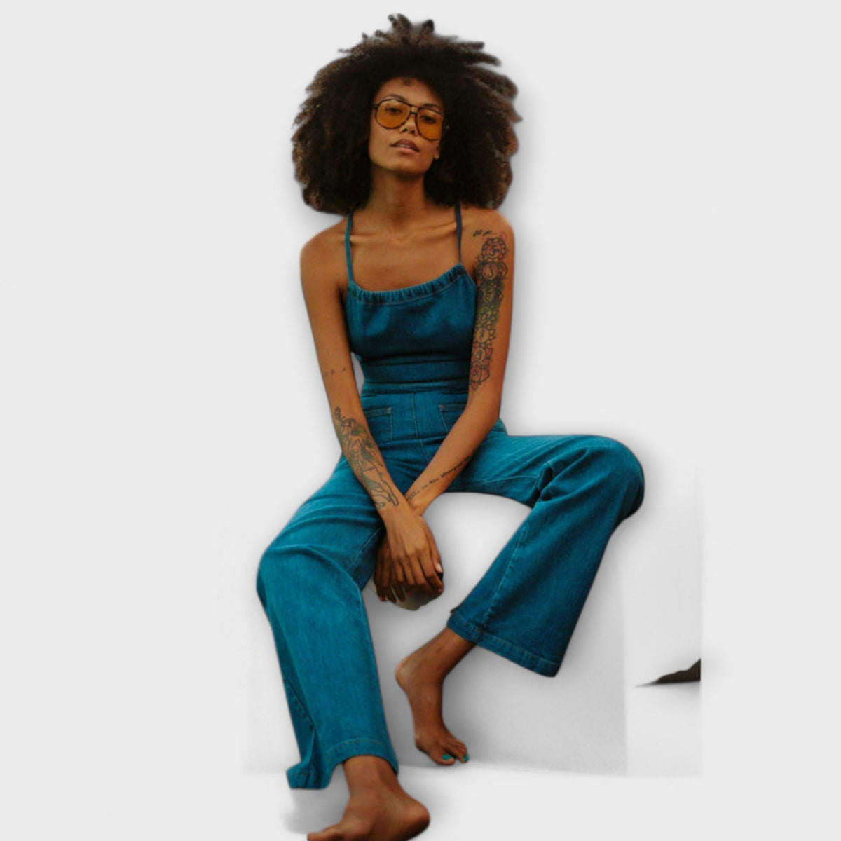 Cathrine - Blå dongeri-buksedress med Bindebånd