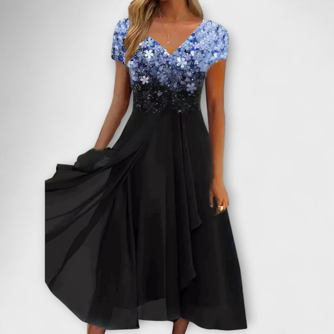 Ellen - Svart chiffon festkjole med blomstertopp