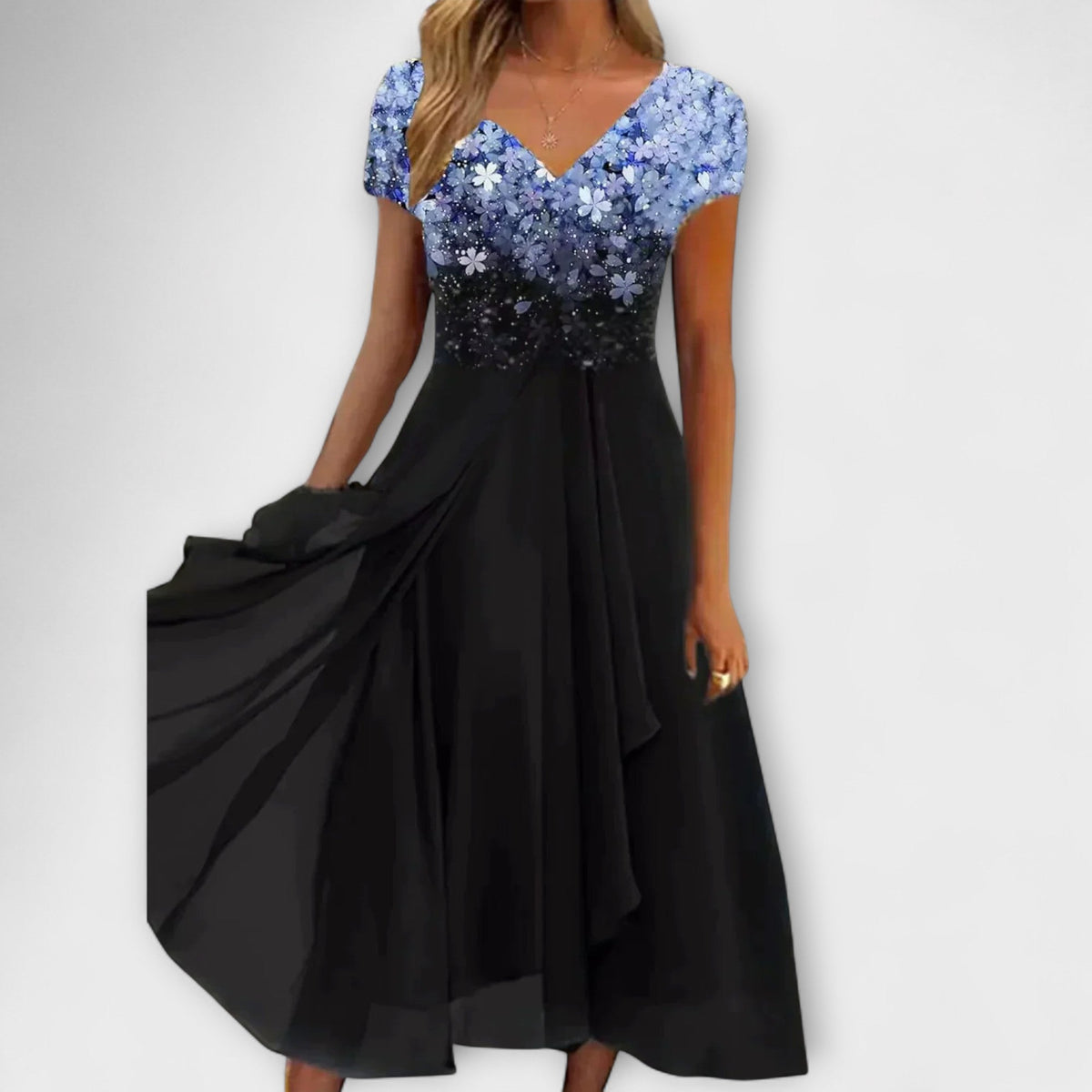Ellen - Svart chiffon festkjole med blomsteroberdel