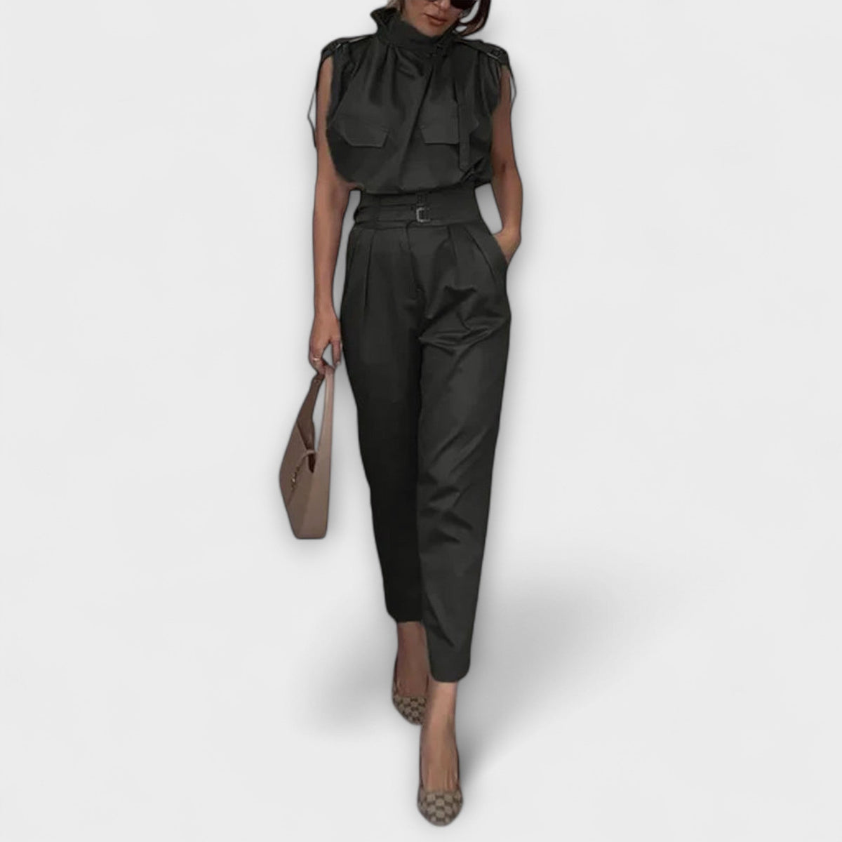 Berit - Khakifarget elegant buksedress-sett