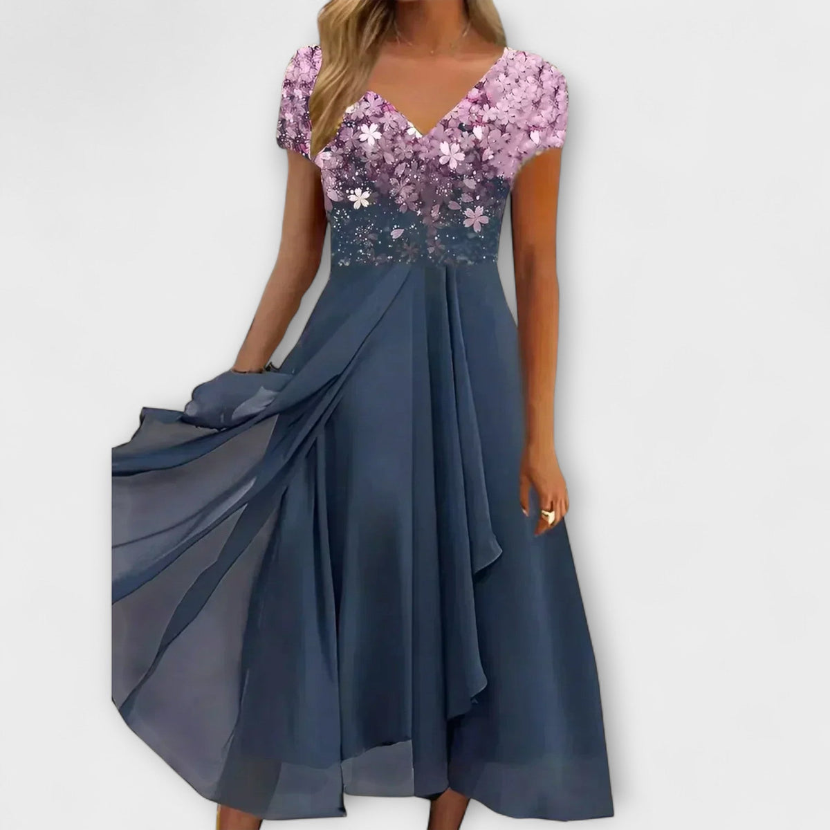 Ellen - Svart chiffon festkjole med blomsteroberdel