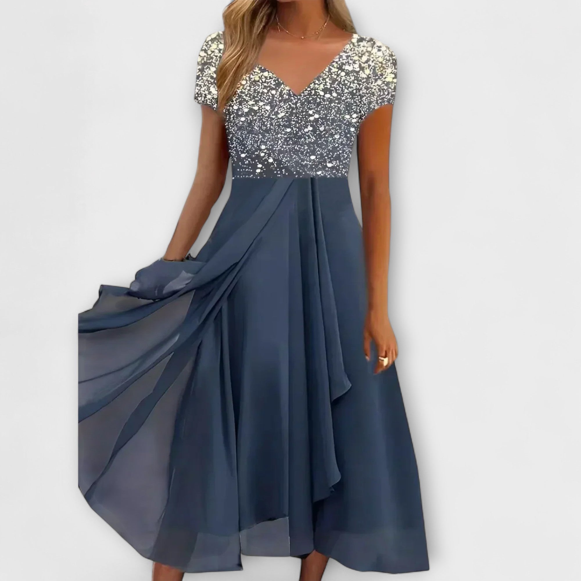 Ellen - Svart chiffon festkjole med blomsteroberdel