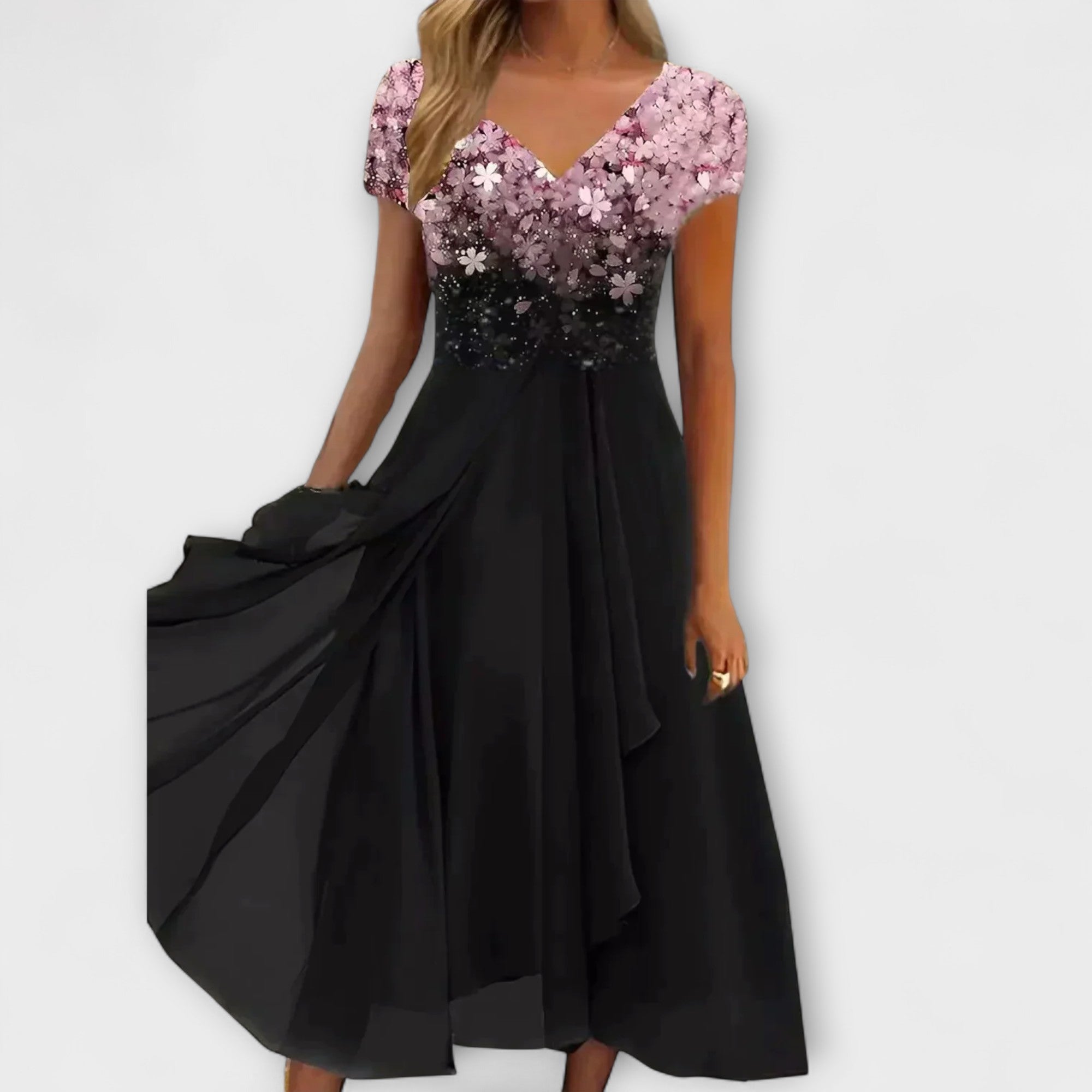 Ellen - Svart chiffon festkjole med blomsteroberdel