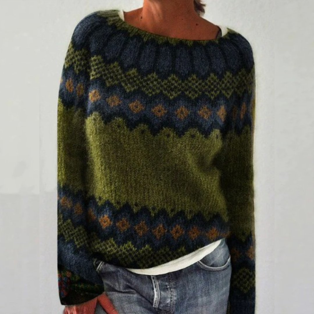 Gudrun - Olivengrønn nostalgisk genser med sikksakkmønster