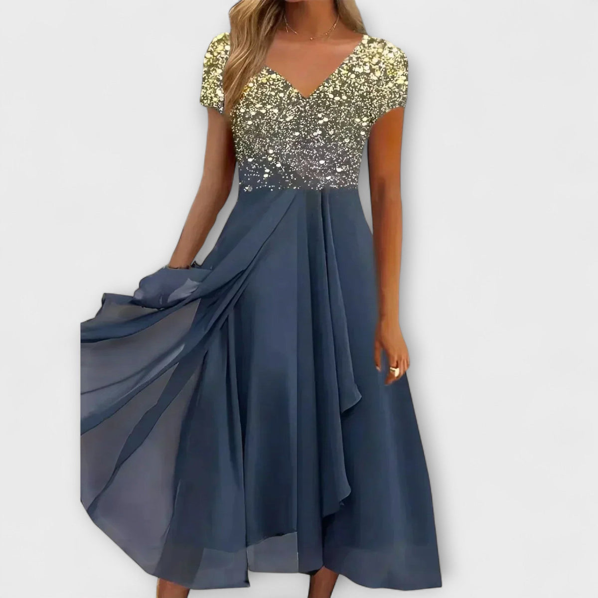 Ellen - Svart chiffon festkjole med blomsteroberdel