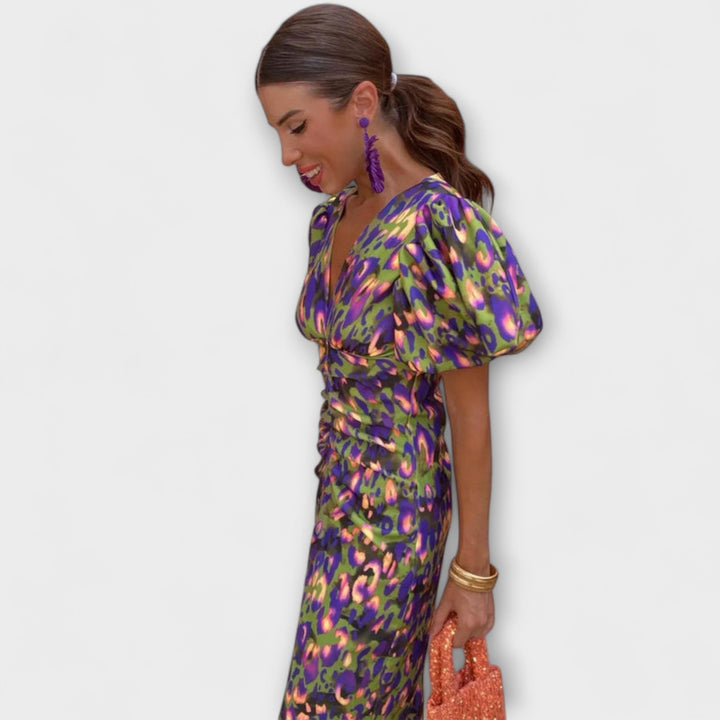 Eldbjørg - Elegantes Kleid mit V-Ausschnitt und Puffärmeln