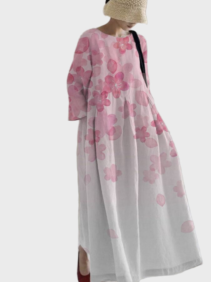 Gerd - Hvit lang kjole med rosa blomster