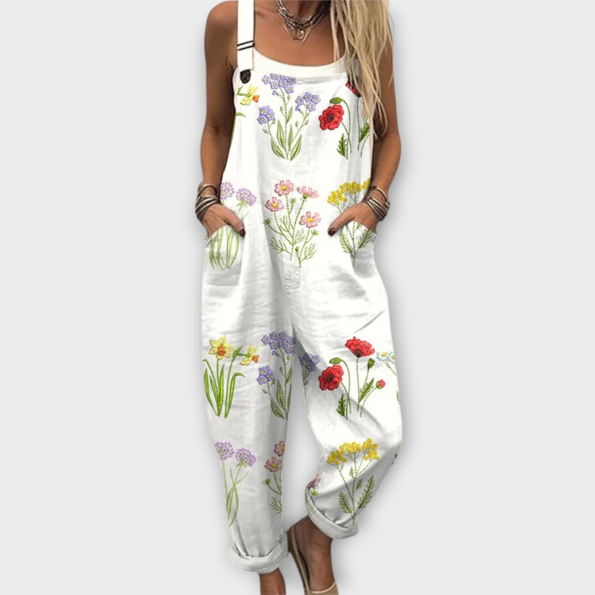 Mona - Hvit selebukse med villblomster