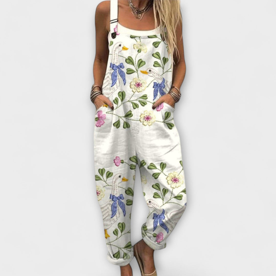 Ingvild - Hvite snekkerbukser med fargerike blomster