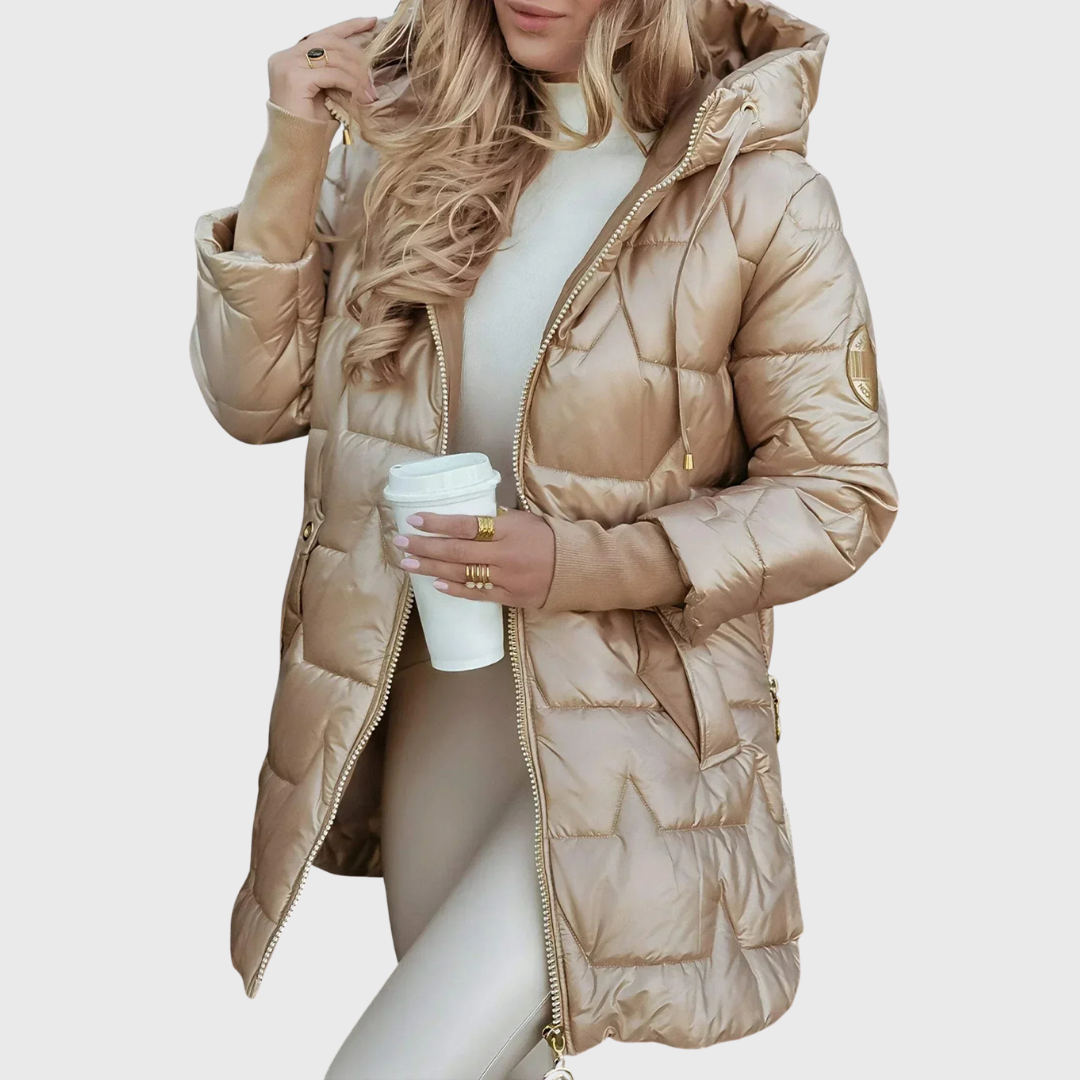 Ellen - Beige lang varm kåpe med hette