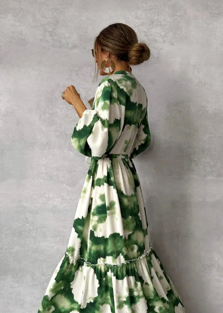 Gerd - Grønn-hvit elegant langkjole