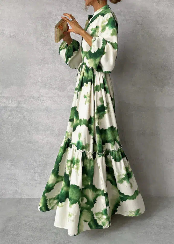 Gerd - Grønn-hvit elegant langkjole