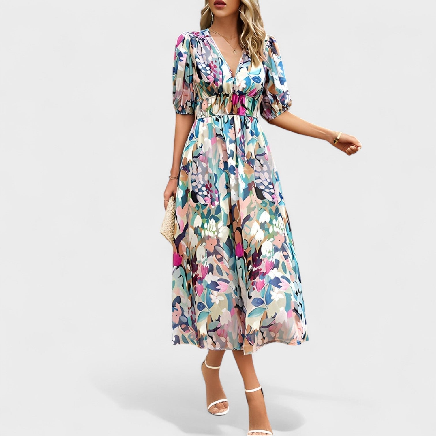 Solveig - Blå blomster knelang kjole