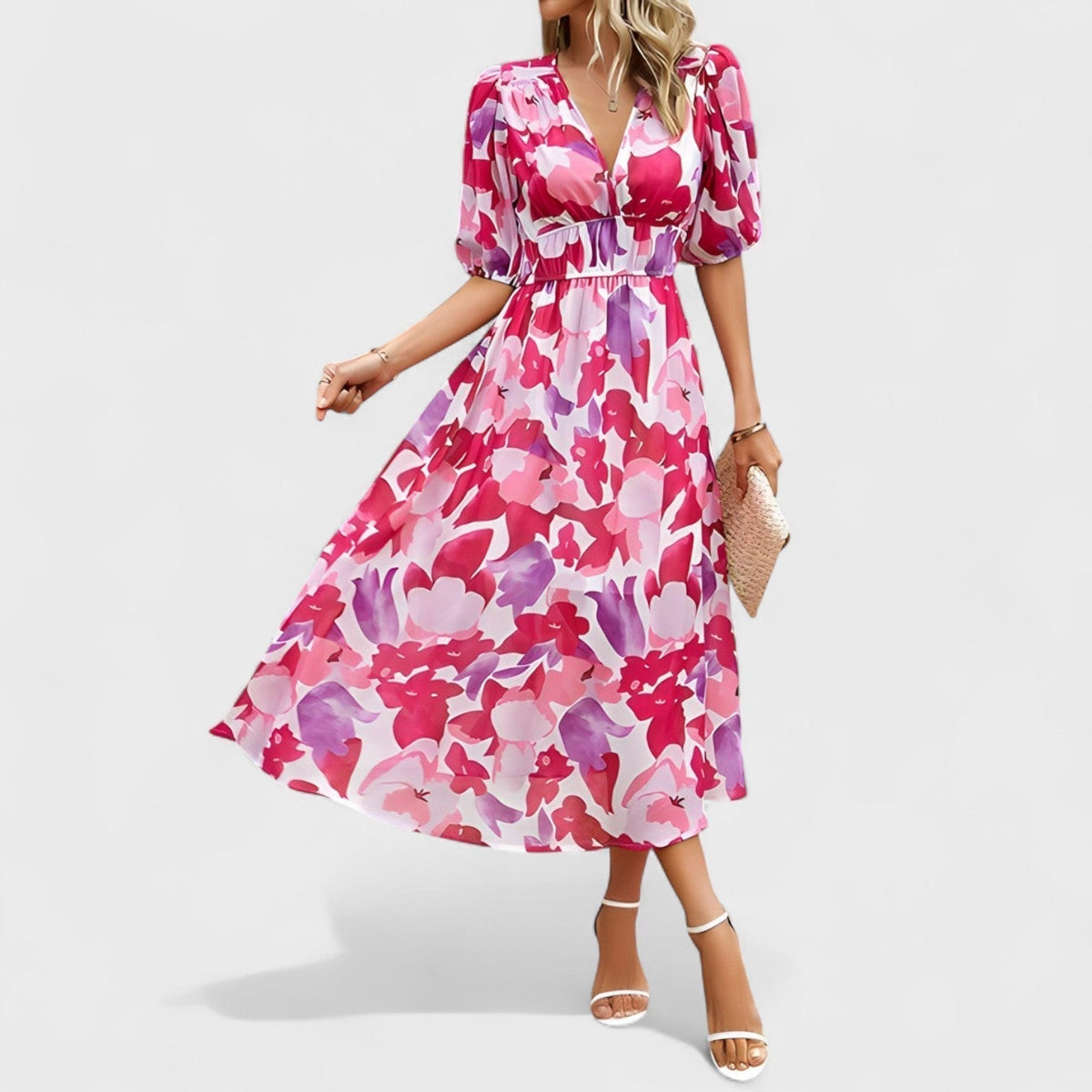 Solveig - Blå blomster knelang kjole