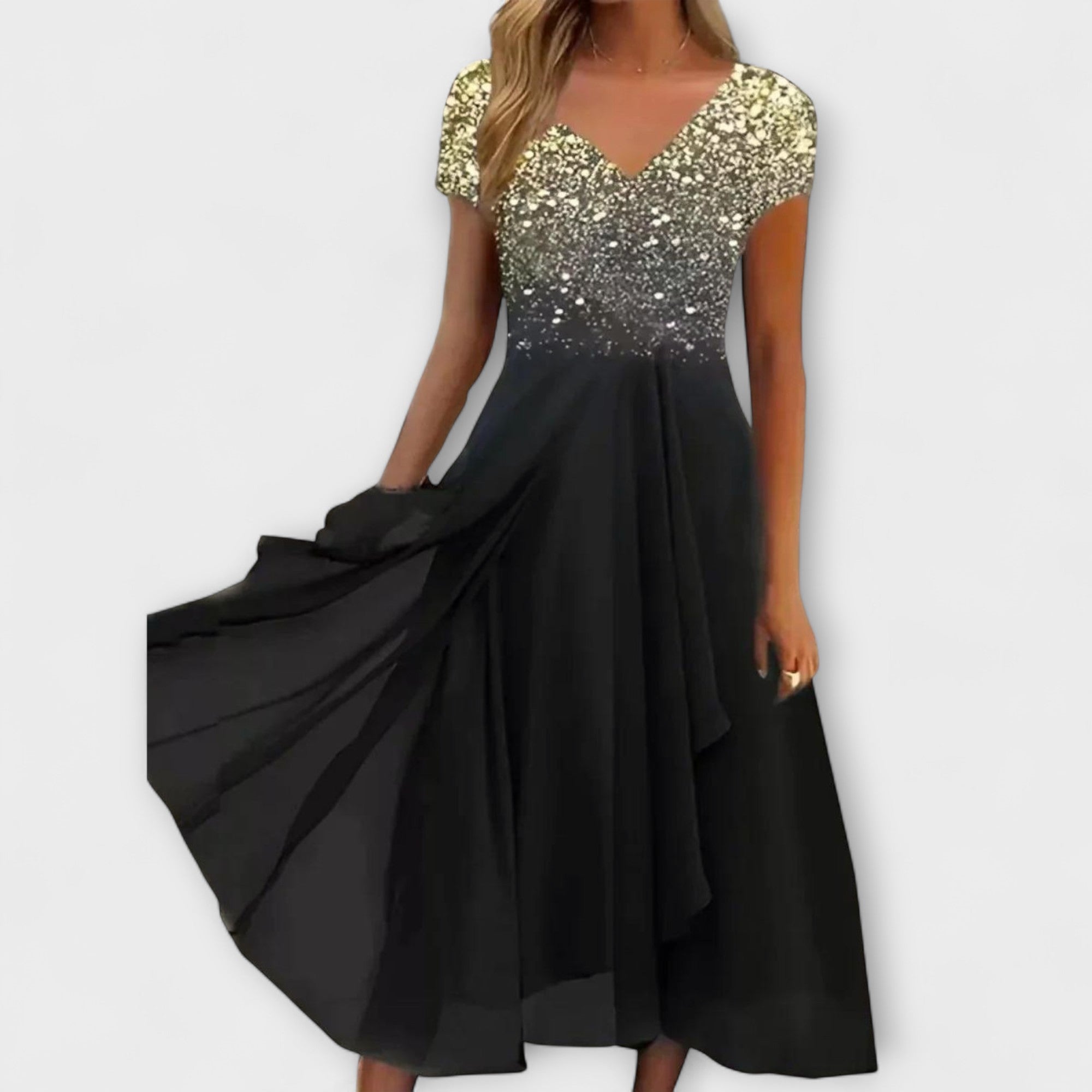 Ellen - Svart chiffon festkjole med blomsteroberdel