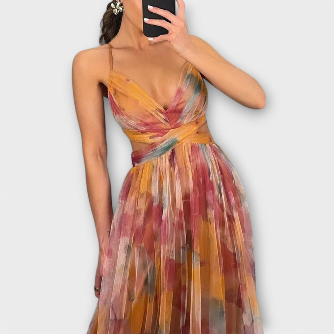 Jorunn - Rosa Mesh lang kjole med blomstermønster