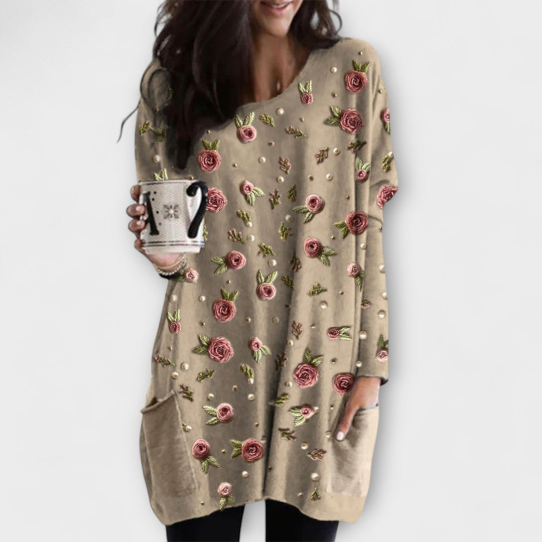 Sigrun - Beige tunika med rosemønster